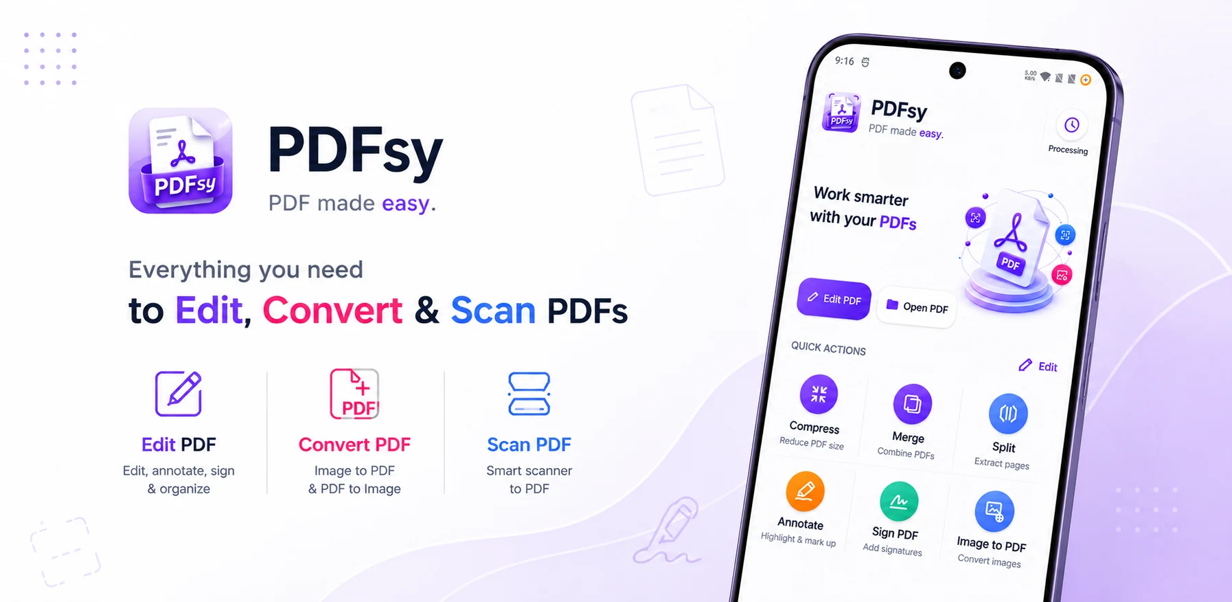 PDFsy Android app overview with Edit, Convert and Scan tools