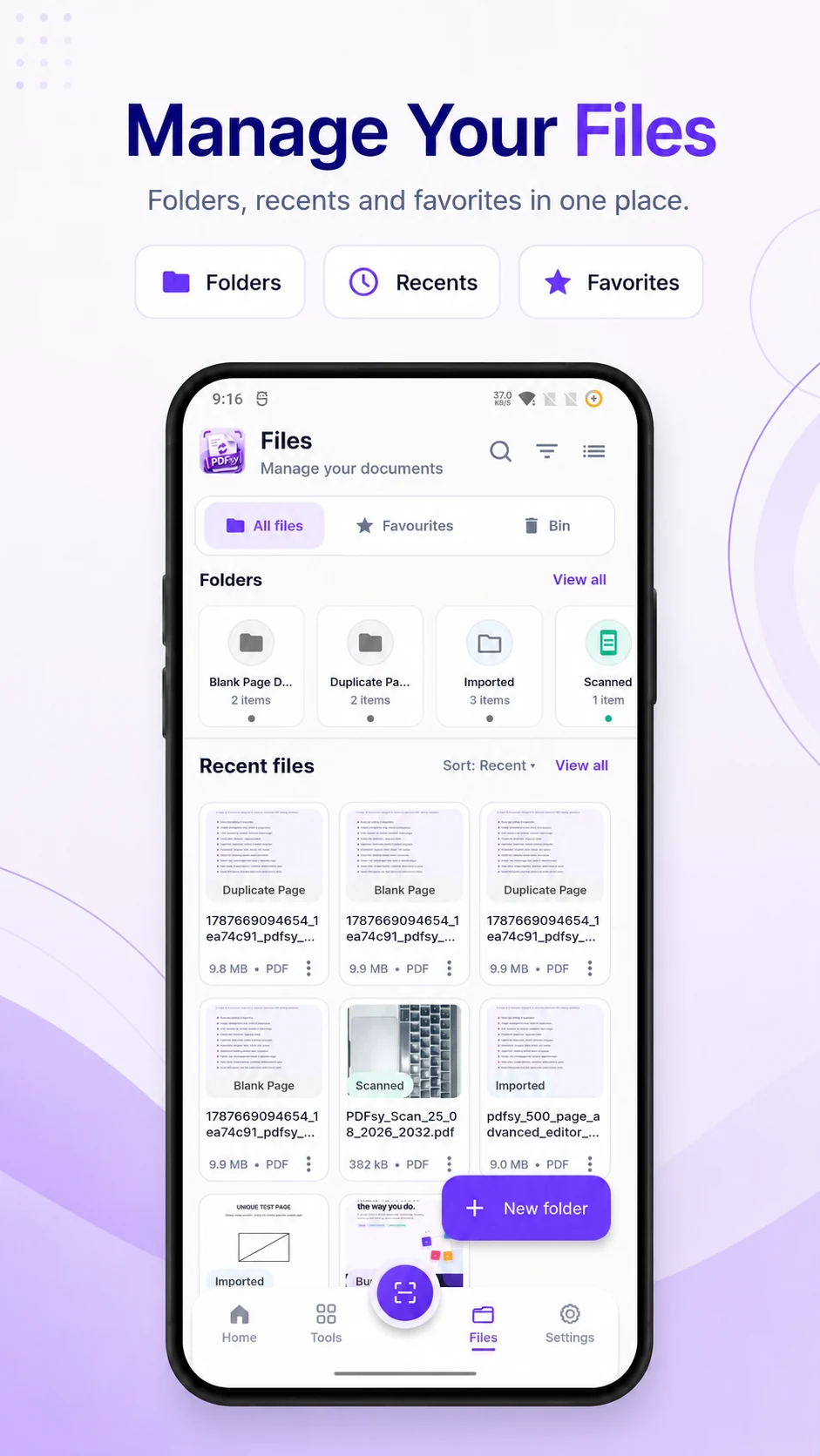PDFsy Android files screen with folders, recents and favorites
