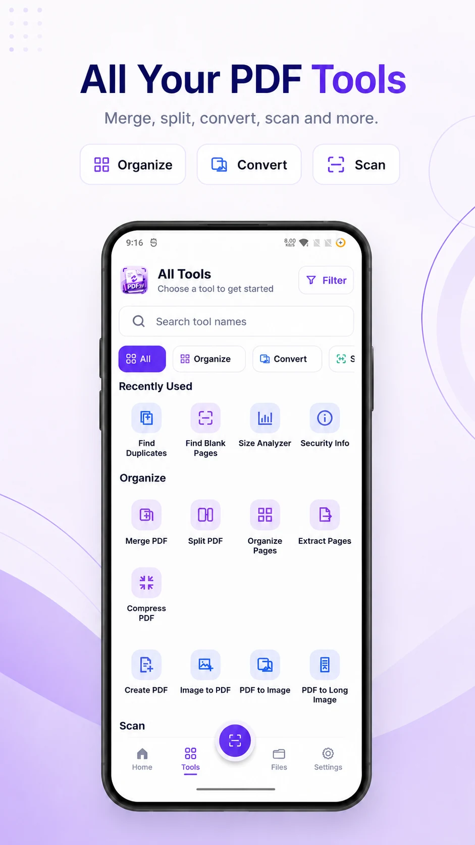 PDFsy Android all tools screen with organize, convert and scan tools