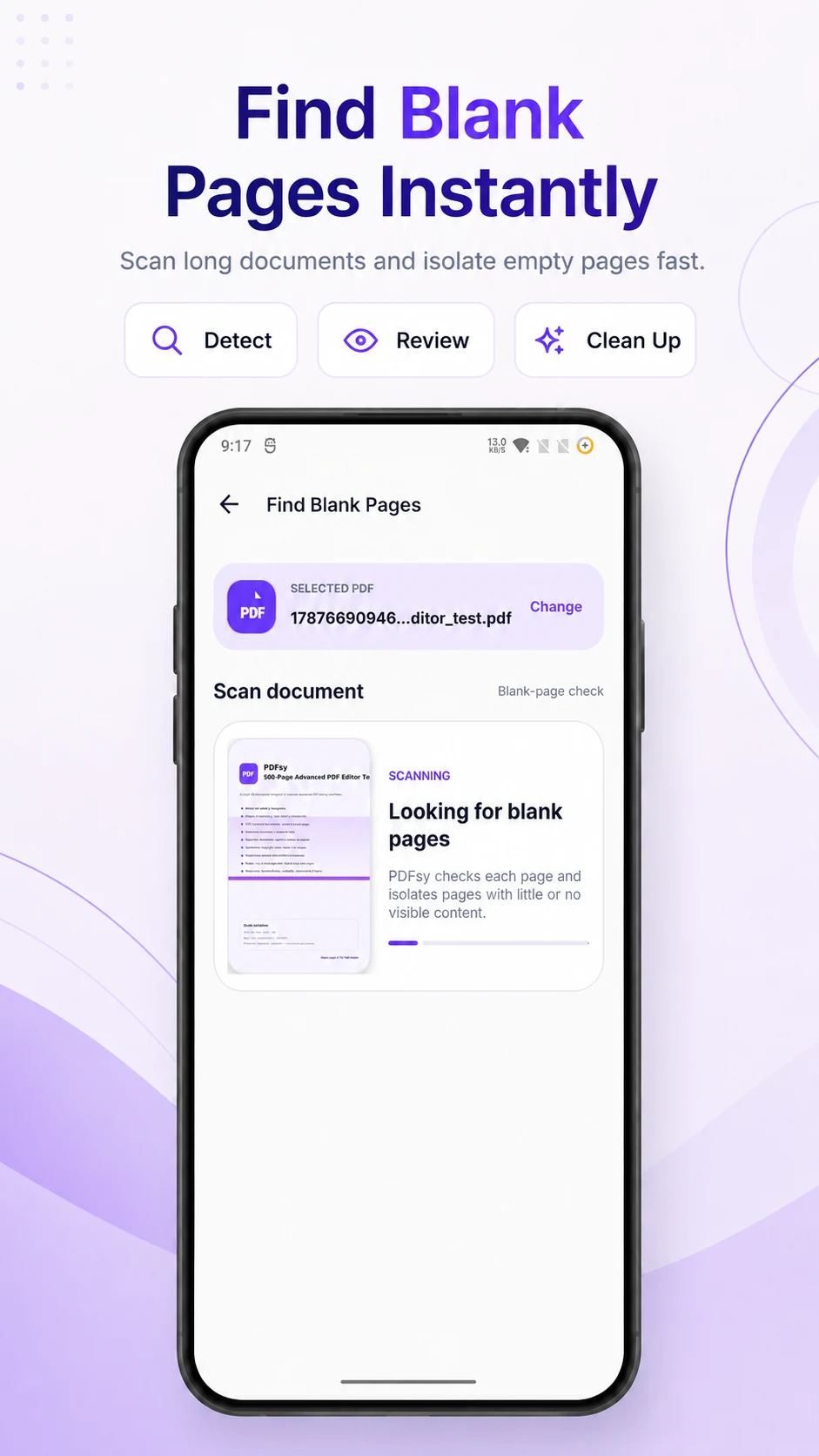 PDFsy Android Find Blank Pages scanning screen