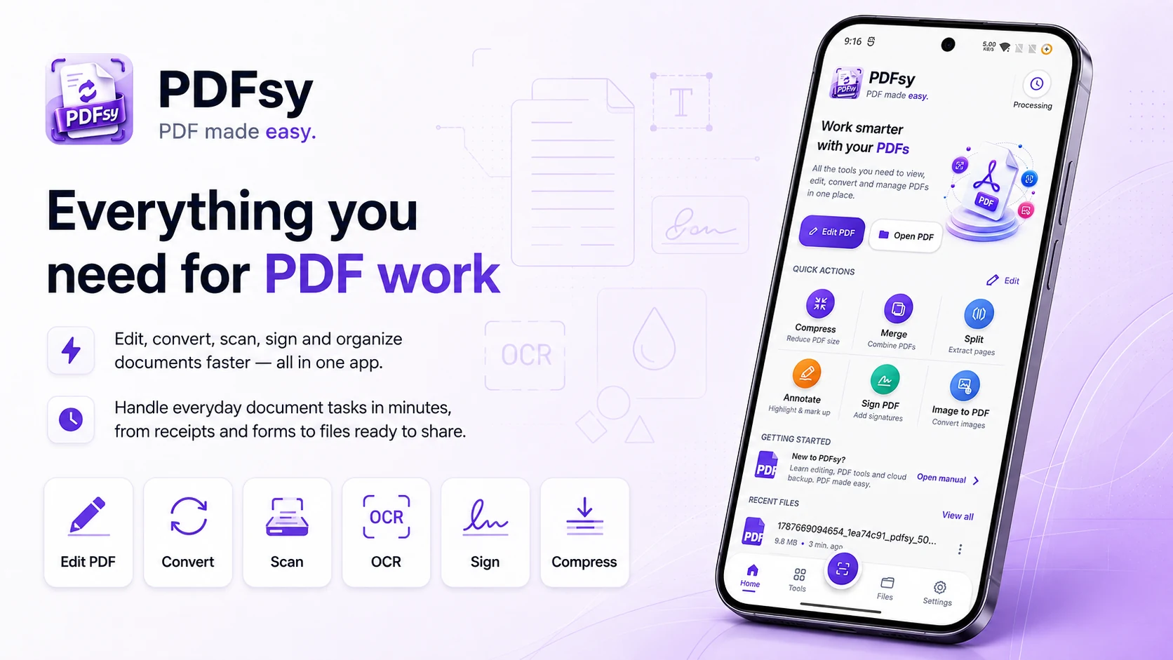 PDFsy Android feature overview for editing, converting, scanning, OCR, signing and compression